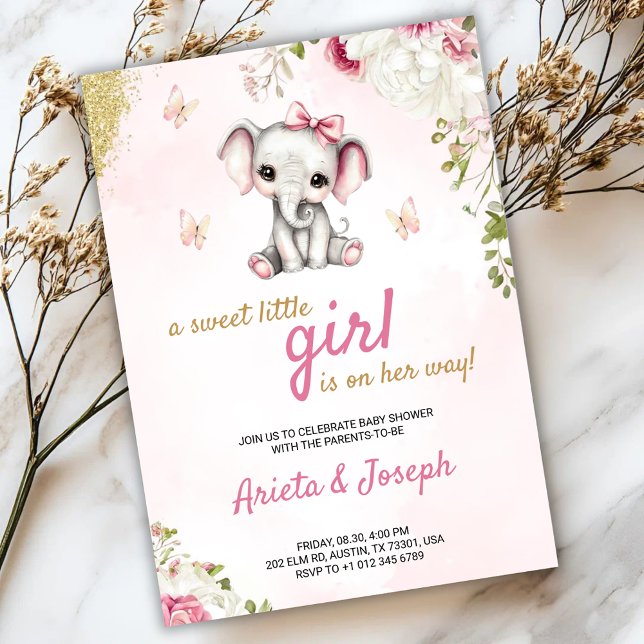 Pink baby shower invitation with a cute elephant  einladung (Von Creator hochgeladen)