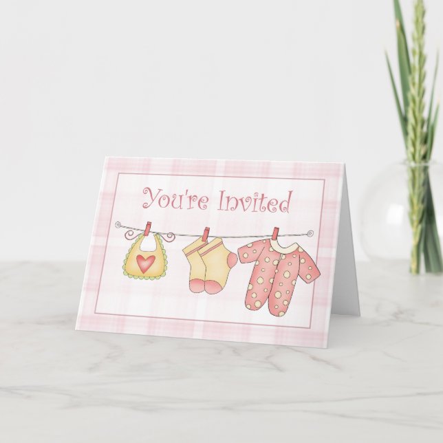Pink Baby Shower Invitation with Clothesline Einladung (Vorderseite)