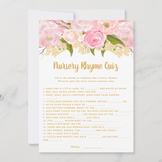 Pink Baby shower Nursery Rhyme Quiz Cartes de jeu (Devant)