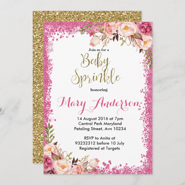 Pink Baby Sprinkle Invitations Fille (Devant / Derrière)