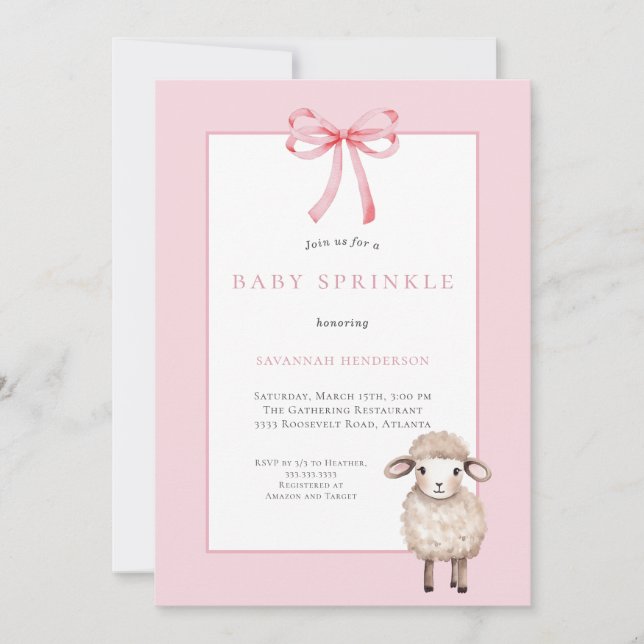 Pink Baby Sprinkle with Bow & Cute Lamb Einladung (Vorderseite)