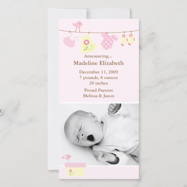 Pink Baby Wäsche Geburtsankündigung Ankündigung (Vorderseite)
