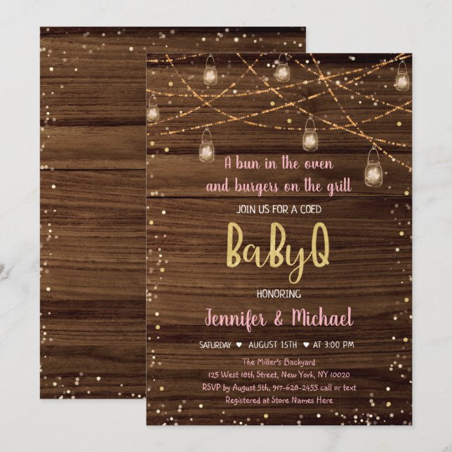 Pink BabyQ Rustic String Lights GRILLEN Baby Showe Einladung (Vorne/Hinten)