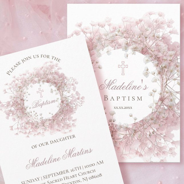 pink baby's breath flowers Baptism Einladung (Von Creator hochgeladen)