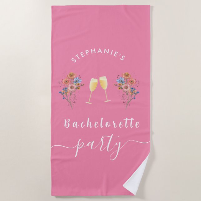 Pink Bachelorette Moderner Blumencocktail Strandtuch (Vorderseite)