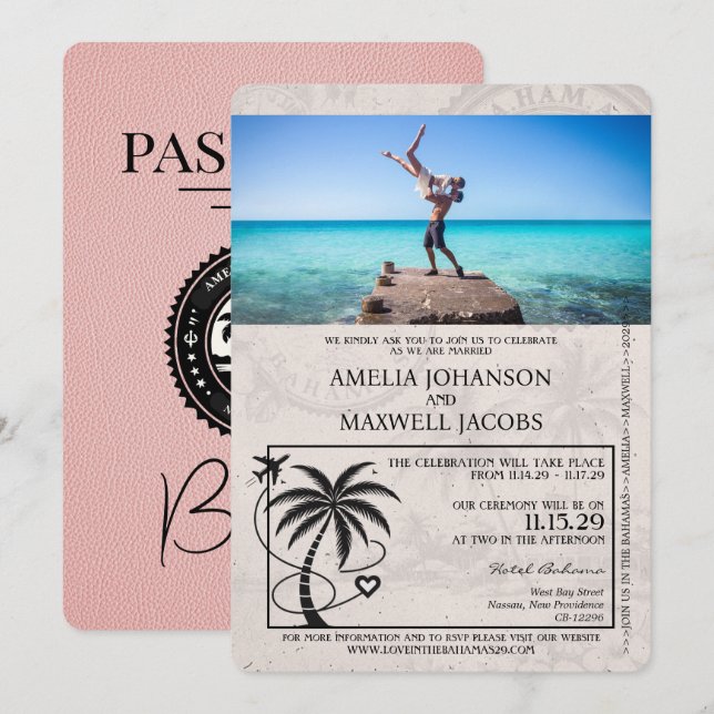 Pink Bahamas Passport Hochzeit Einladung (Vorne/Hinten)