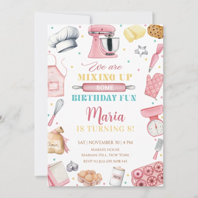 Pink Baking Girl Chef Cake Birthday Einladung (Vorderseite)
