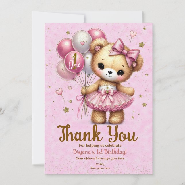 Pink Ballerina Bear Glitzer Balloon Vielen Dank Einladung (Vorderseite)