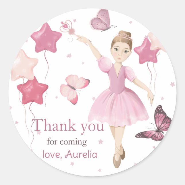 Pink Ballerina Birthday Vielen Dank Runder Aufkleber (Vorderseite)