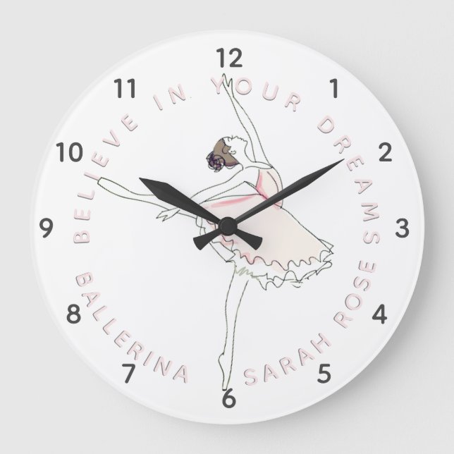 Pink Ballerina Girl Nom personnalisé Horloge (Recto)