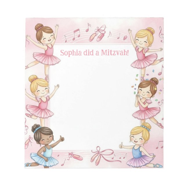 Pink Ballerina Personalisiert Mitzvah Hinweis Notizblock (Vorderseite)