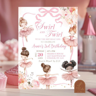 Pink Ballerina Swirl und Twirl Geburtstag Einladung