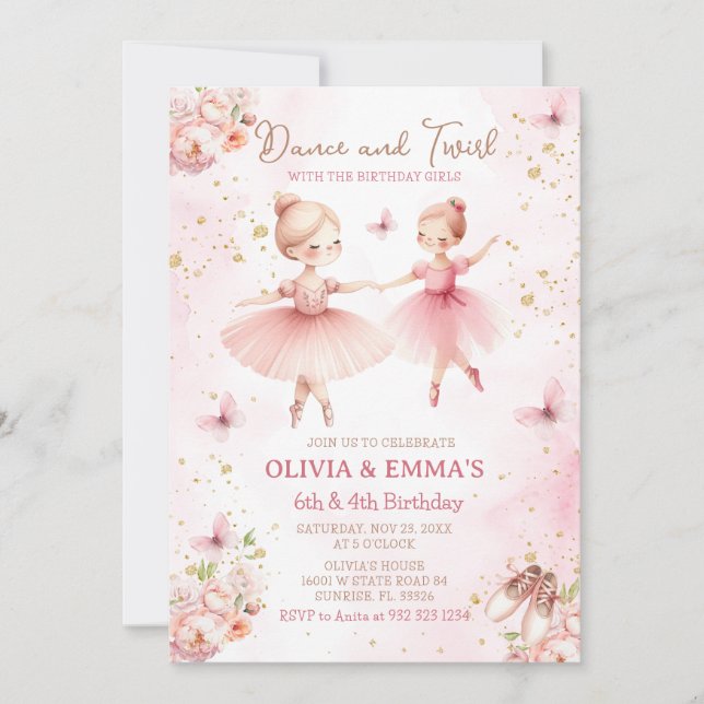 Pink Ballerina Tu Tu Schwester Geschwister Party Einladung (Vorderseite)