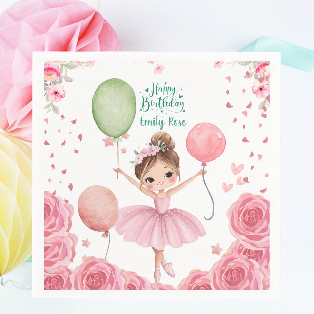 Pink Ballet Theme with Name & Balloons Serviette (Personalized Ballerina Birthday Party Napkins - Pink Ballet Theme with Name & Balloons)