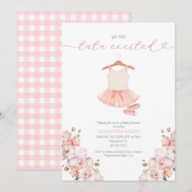 Pink Ballet Tutu Erregte Kinderdusche Einladung (Vorne/Hinten)