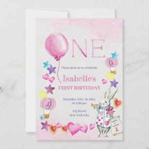 Pink Balloon Baby Birthday Watercolor Einladung