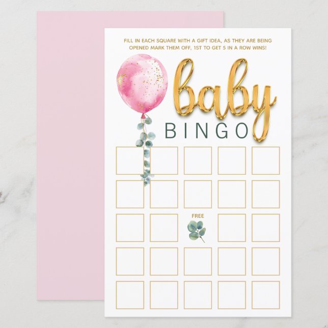 Pink Balloon Baby Dusche Bingo Game Card (Vorne/Hinten)