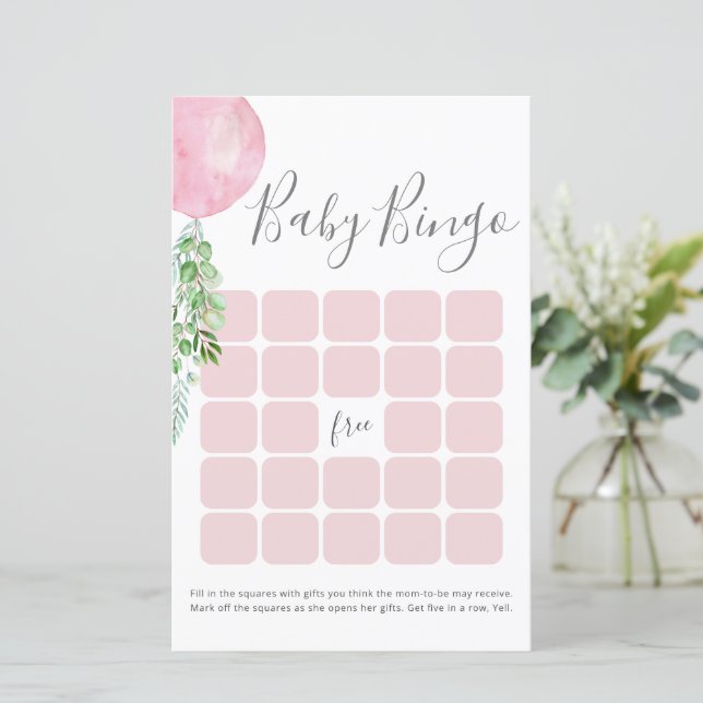 Pink Balloon Baby Dusche Bingo Spiel (Stehend Vorderseite)