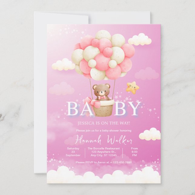 Pink Balloon Bear Baby Dusche Einladung (Vorderseite)