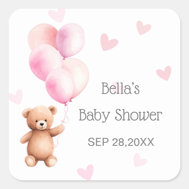 Pink Balloon Bear Heart Baby Dusche Quadratischer Aufkleber (Vorderseite)