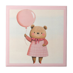Pink Balloon Bear mit Kariertem Outfit Fliese
