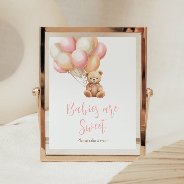 Pink Balloon Boho Bären Babies sind süß Poster (We Can Bearly Wait Girl Baby Shower Babies are Sweet Sign)