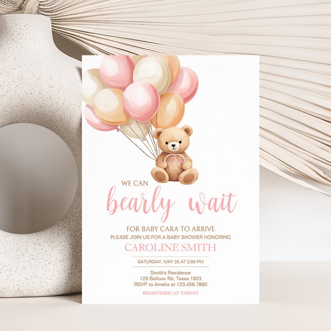 Pink Balloon Boho Bear Baby Dusche Einladung (We Can Bearly Wait Girl Baby Shower Invitation)