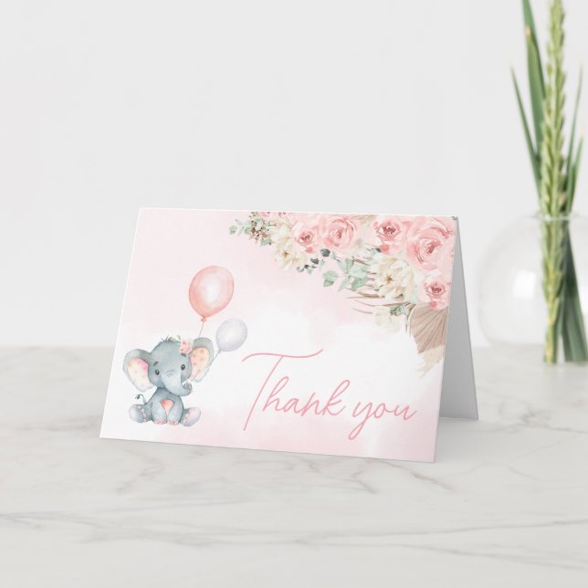 Pink Balloon Elephant Baby Dusche Dankeskarte (Vorderseite)