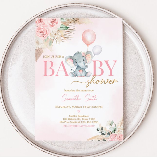 Pink Balloon Elephant Baby Dusche Einladung (Pink Floral Pampas Grass Elephant Baby Shower Invitation)