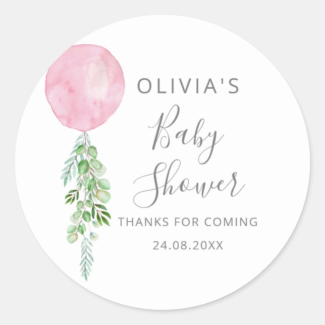 Pink Balloon Eucalyptus Baby Dusche Runder Aufkleber (Vorderseite)