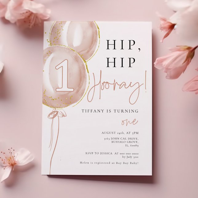 Pink Balloon Girl Erster Geburtstag Einladung (Von Creator hochgeladen)