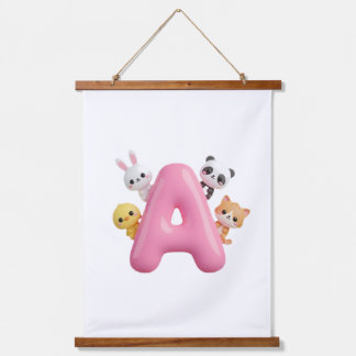 Pink Balloon Letter A Forest Animals Wall Tapestry Wandteppich Mit Holzrahmen