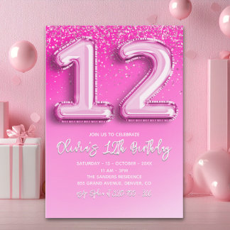 Pink Balloon Numbers 12th Birthday for Girl Einladung