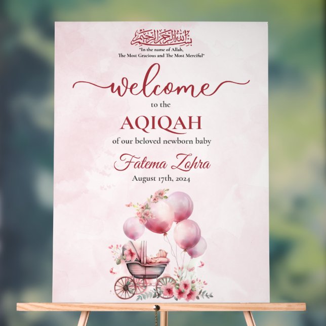 Pink Balloon Stroller Baby Girl Muslim Aqiqah Acrylschild (Neutral)