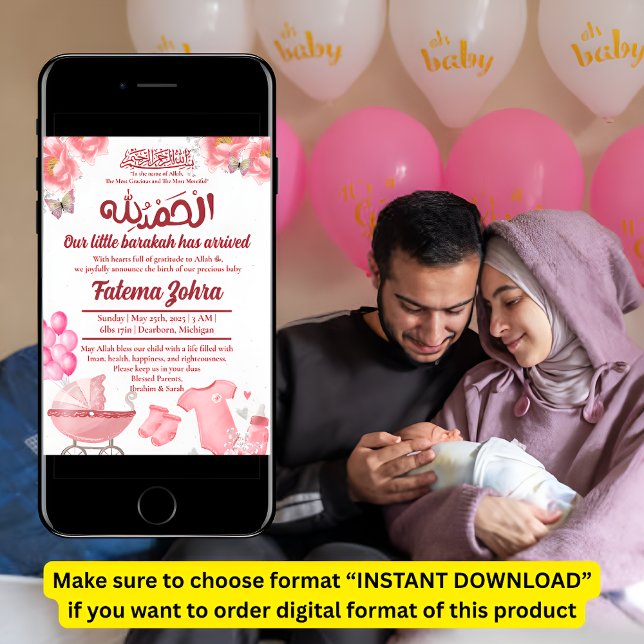Pink Balloon Stroller Baby Girl muslimische Geburt Einladung (Von Creator hochgeladen)