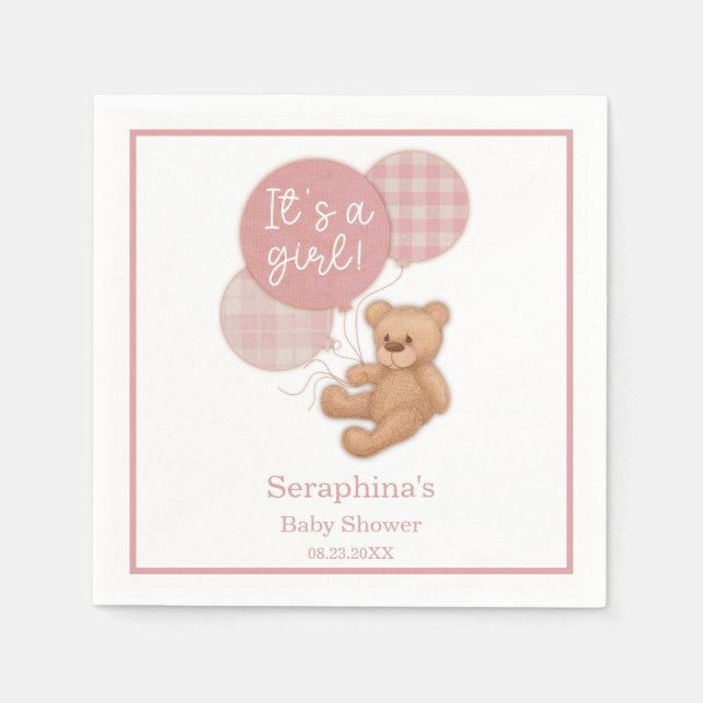 Pink Balloon Teddy Bear Babydusche Napkins Serviette (Vorderseite)