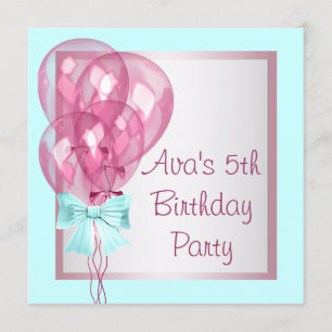 Pink Balloons Aquamarin Blue Girls Geburtstagspart Einladung