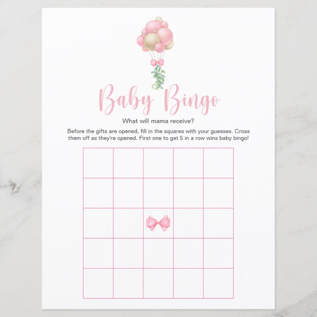 Pink Balloons Baby Dusche Bingo Spiel (Vorderseite)
