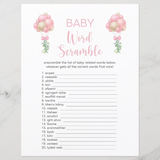 Pink Balloons Baby Dusche Word Scramble (Vorderseite)