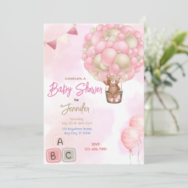 Pink Balloons Babydusche Einladung (Stehend Vorderseite)