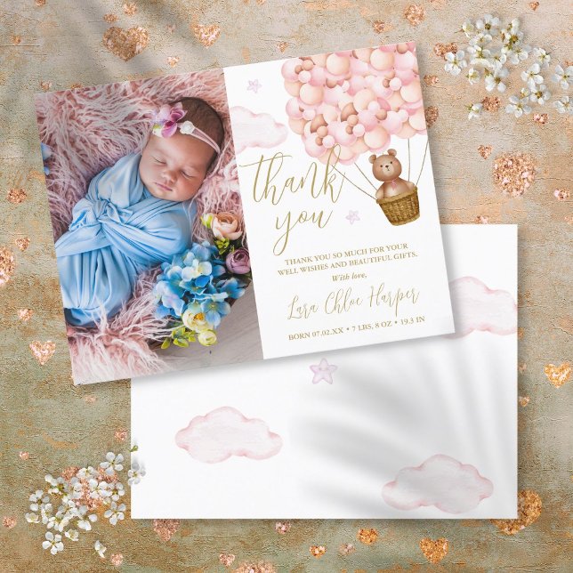 Pink Balloons Bear Vielen Dank Baby Foto Birth Ankündigungspostkarte (Pink Balloons Bear Thank You Baby Photo Birth Announcement Postcard)