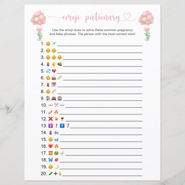 Pink Balloons Emoji Pictionary Baby Showspiel (Vorderseite)