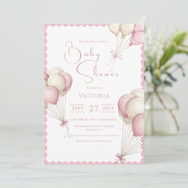 Pink Balloons Girl Baby Dusche Einladung (Stehend Vorderseite)