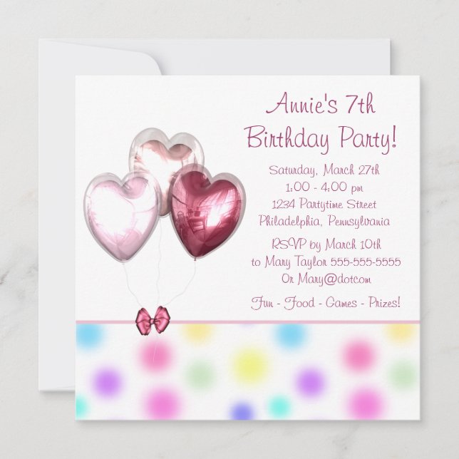 Pink Balloons Girls 7. Geburtstagsparty Einladung (Vorderseite)