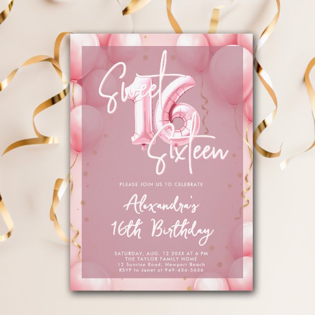 Pink Balloons Moderne Kalligraphie Elegant Sweet 1 Einladung (sweet sixteen invitation birthday party pink balloons modern calligraphy milestone glam feminine)