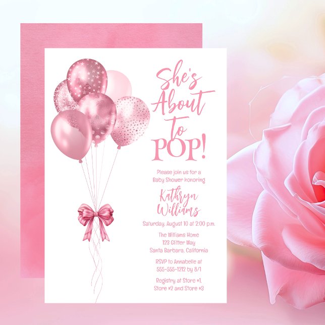 Pink Balloons Sie ist dabei, Pop Baby Shower Einladung ("She's Ready to POP!" Pink Translucent Glitter Balloons Girl Baby Shower Invitation.)