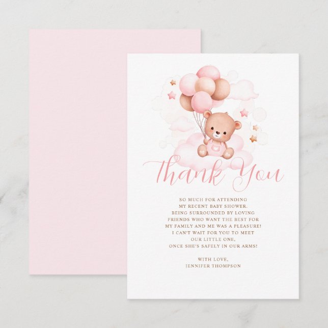 Pink Balloons Teddy Bear Baby Dusche Dankeskarte (Vorne/Hinten)