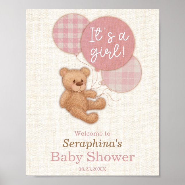 Pink Balloons Teddy Bear Baby Dusche Empfang Poster (Vorne)