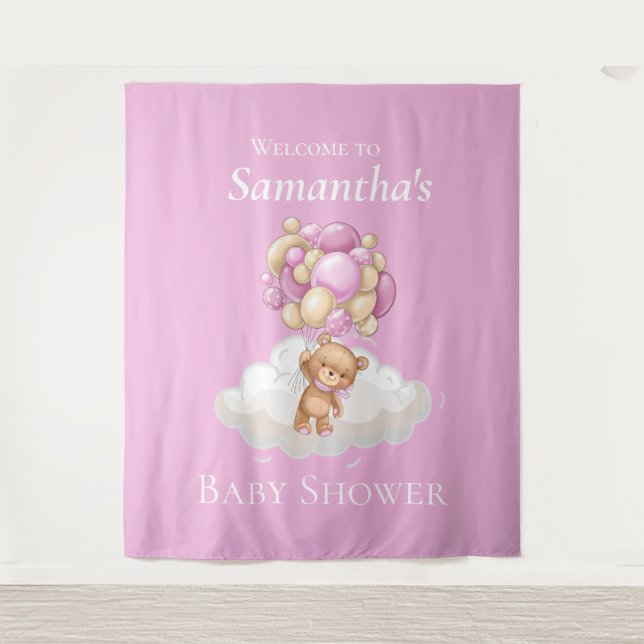 Pink Balloons Teddy Bear Babydusche Wandteppich (Vorderseite)
