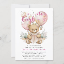 Pink Balloons Teddy Bear Floral Girl Babydusche Einladung